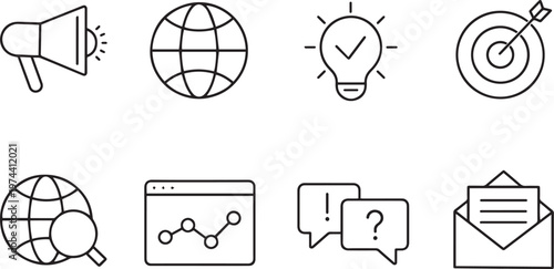 Minimalist business marketing icon set, 8 thin line web icons, digital strategy and communication vector elements for corporate branding