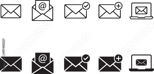 Minimalist email icon set, black outline and solid mail symbols, 10 vector communication elements for web interface and app design