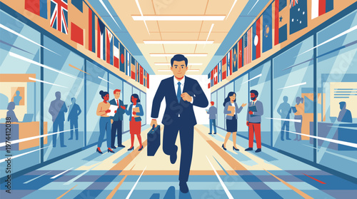 Businessman Running in Modern Airport Terminal.