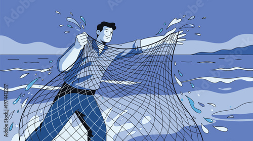 Man Catching Fish with Fishing Net on Boat.