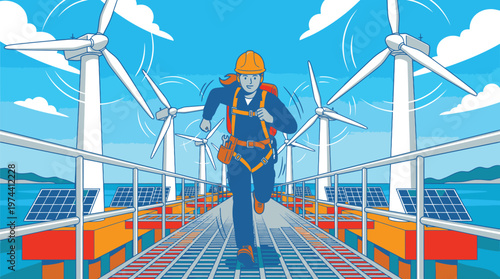 Engineer Walking on Solar and Wind Power Plant Platform.