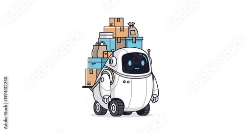 Friendly warehouse robot overloaded with packages showing busy ecommerce fulfillment activity