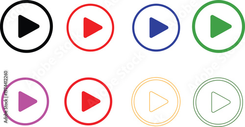 Free Download Set of eight play button icons in various colors like red, blue, green, and pink for digital media interfaces. Vector - GFXLoad