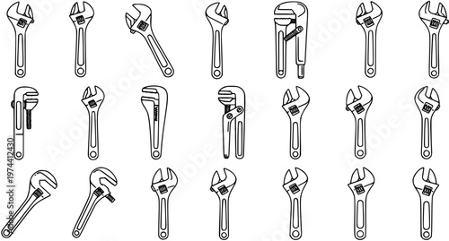 Industrial  DIY Tools: Black and White Line Art Vector Icon Collection of Adjustable Wrenches, Spanners, and Pipe Wrenches for Construction and Repair.