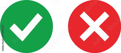 A pair of simple circular icons representing a green check mark for yes and a red cross for no. Vector
