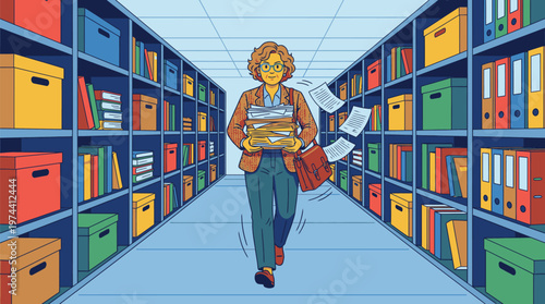 Woman Walking Through Library Aisle with Books.