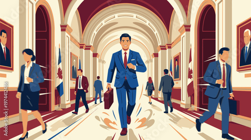 Businessman Walking Through Art Gallery Corridor.