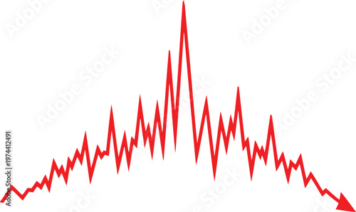 Red fluctuating line chart with a sharp peak and a downward arrow indicating a drop or crash. Vector