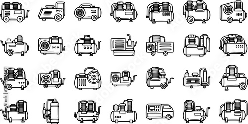 Black and white line art icons of various air compressors, industrial equipment, machinery