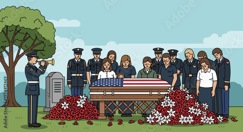 Military funeral ceremony honoring fallen soldiers with flag draped coffin