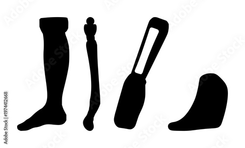 Prosthetic leg set with solid black icon and white background featuring medical devices, limb replacement, skeleton graphics with orthopedic and rehabilitation