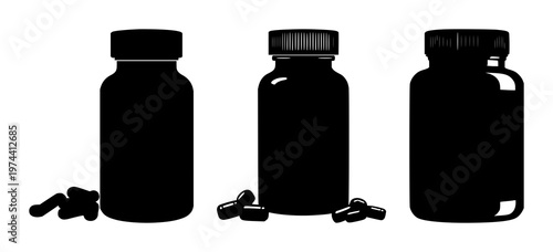 Vitamin supplement bottle icon set with solid black icon on white background featuring health, wellness, nutrition with bottle shape and label