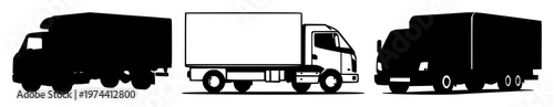 Shipping truck set with solid black icon, white background silhouette featuring truck, shipping, icon with black and white and transportation and logistics
