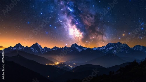 A vibrant cosmic nightscape above silhouetted mountain range, city lights glow below