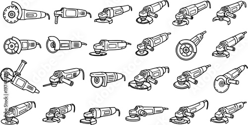 Black and White Line Art of Various Angle Grinders for Construction Industry