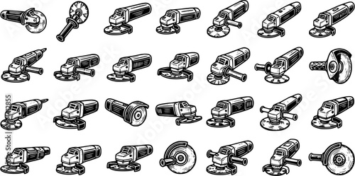Black and White Line Art of Various Angle Grinders, Construction Tools, Industrial Equipment
