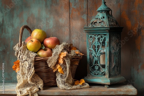 selective focus elegant rustic still life with apples, pears, and scarf