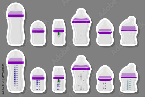 big colored set of baby milk in bottle with soft rubber pacifier