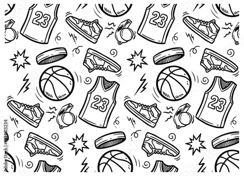 Black and white Hand-Drawn Basketball Seamless Pattern with Sneakers Jerseys and Whistles for Sports Design