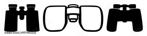 Binoculars set with a solid black icon design featuring binoculars, vision, icons with simple line art and monochrome with bold geometry and clean shape