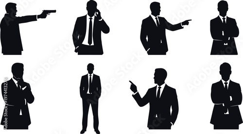 Set of professional businessman silhouettes in suits performing various actions including pointing talking on phone holding gun and standing isolated on white background for design