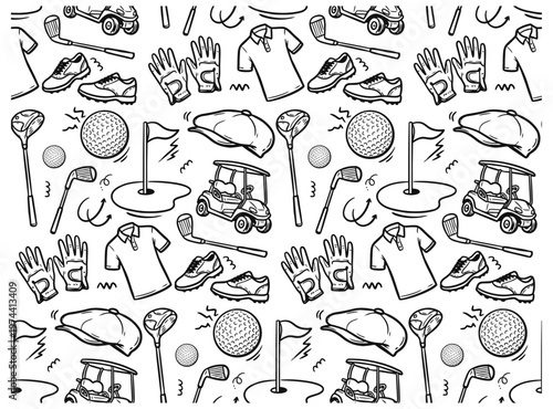 Black and white Hand-Drawn Golf Equipment Seamless Pattern Doodle Illustration