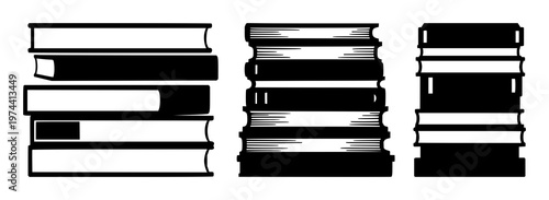 Books set with minimalist black icon stack illustration on white background depicting layered booky silhouette design featuring books, stack, icon with minimalism and flat design