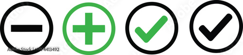 A set of four circular icons representing plus, minus, and check marks in black and green colors. Vector