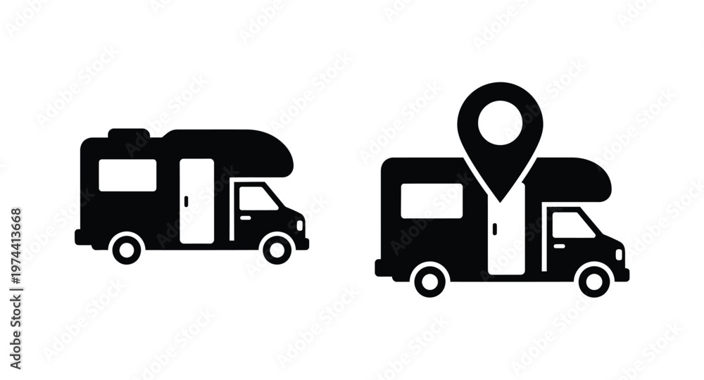 Naklejka premium Two recreational vehicles with a location pin on transparent background silhouette