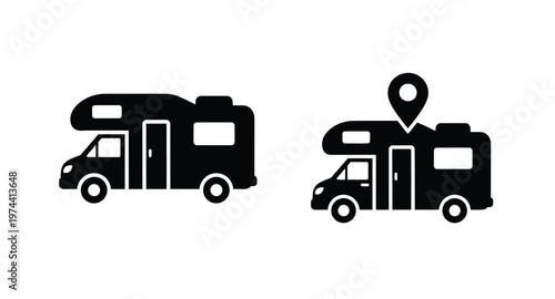 Two black rv icons with location marker on transparent background silhouette