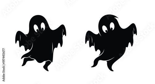 Two cute cartoon ghosts floating playfully on transparent background silhouette