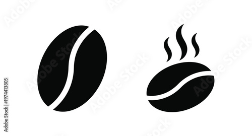 Two coffee beans one steaming presented as a black silhouette on transparent background