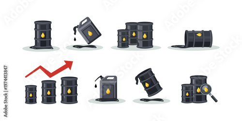 Oil Barrels icon set. Collection of Oil Drum. Oil Barrels with Rising Prices and Spills Illustration. Petroleum set icon. 