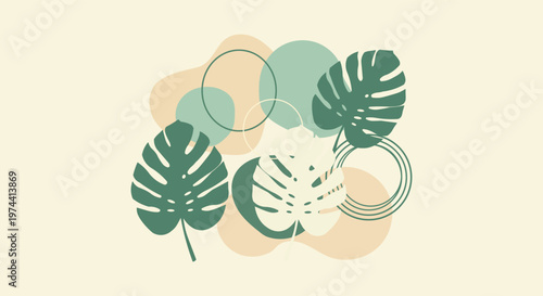 Abstract Monstera leaves and circles on a pink background, modern design