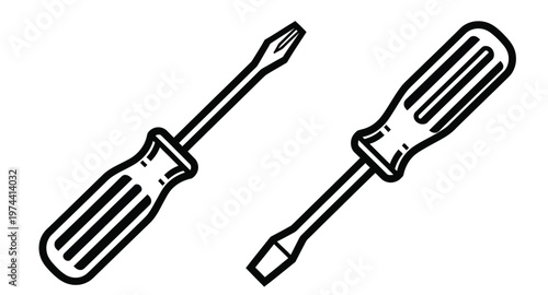 Two black screwdrivers one flathead and one phillips on transparent background silhouette