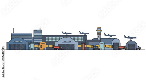 Airport Terminal Buildings and Airplanes on Runway Illustration.