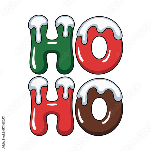 A colorful vector graphic illustration of the phrase 'HO HO HO' in a festive holiday font with snow melting off the letters.