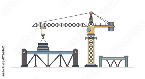 Construction site with tower crane lifting heavy beam.