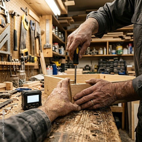 Woodworking Craftsman Uses Manual Screwdriver To Assemble Wooden Frame In Workshop Setting