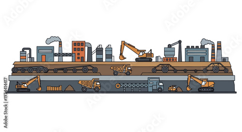 Detailed illustration of a large industrial mining and processing complex.