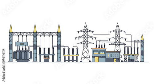 Electrical substation with power lines and transformers.