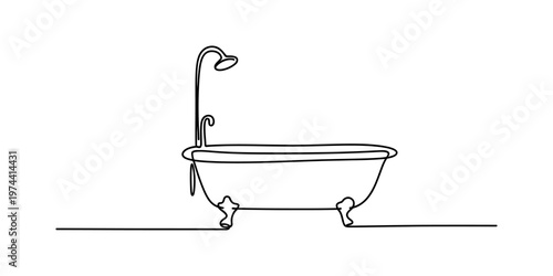 Minimalist continuous line drawing of a classic clawfoot bathtub with a shower head attachment Vector, illustration