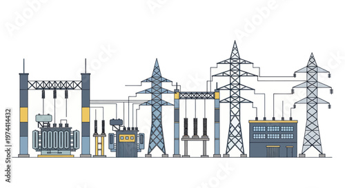 Electrical substation with transformers and power lines illustration.