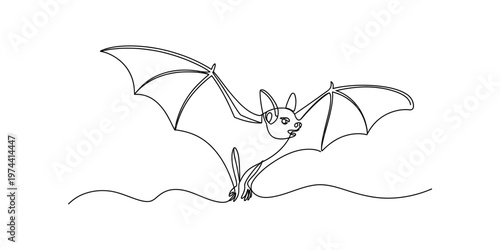 Minimalist continuous single line drawing of a bat with wings spread wide on a white background Vector, illustration