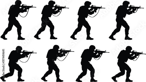 Set of soldier silhouettes aiming rifle in tactical combat positions, military action poses isolated on white background for security, army, and defense design use