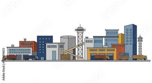 Industrial Cityscape with Various Buildings and Structures.