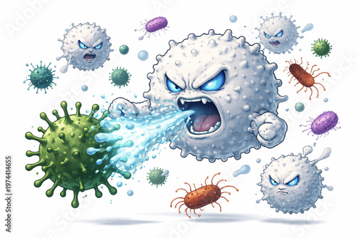 White Blood Cells Fighting Viruses and Bacteria Illustration – Immune System Defense Cartoon