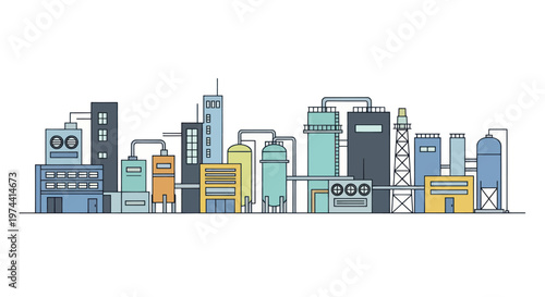 Industrial cityscape with various factory buildings and structures.