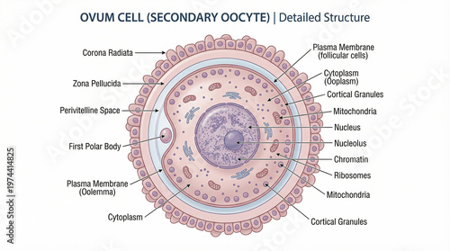 Detailed scientific illustration of a human ovum cell, showcasing the secondary oocyte structure with clearly labeled anatomical components and cellular organelles for biological education and researc