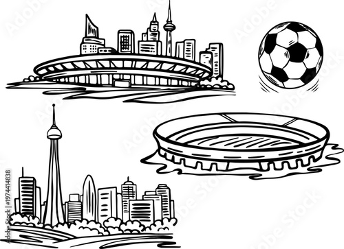 Soccer championship elements set with stadiums ball and Toronto skyline sketches